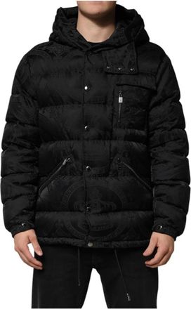 Dolce & Gabbana Jassen, Heren, Zwart, M, Nylon, Zwarte Jacquard Gewatteerde Puffer Hoodie Jas