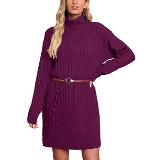 Generic Knitted Dress Womens High Collar Winter Dresses Tunic Dress Midi Dress Leisure Winter Dress Soft Jumper Dress Wrap Jumper Knitted Jumper Comfortable L