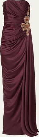 Costarellos Lorinne Strapless Crystal Draped Jersey Gown