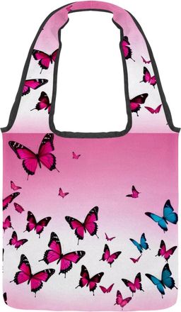 Generic Blue Butterflies Pink Reversible Canvas Shoulder Tote - Double-Sided Print, 12oz Cotton, 27cm Drop, Fold-Flat Bag for Travel, Shopping, Street Outings