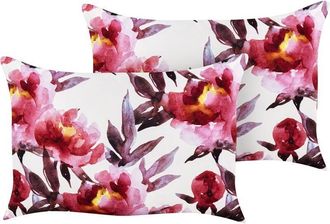 Beliani Conjunto De 2 Cojines De Jard&iacute;n Almohada De Exterior 40 X 60 Cm Poli&eacute;ster Motivo Floral Blanco Y Rosa Lanrosso
