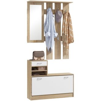 HOMCOM Homcom - Recibidor De Entrada Con Espejo Perchero Y Zapatero Mueble De Recibidor De 2 Piezas Con 6 Ganchos Estantes Y Caj&oacute;n Abatible Gris Oscuro