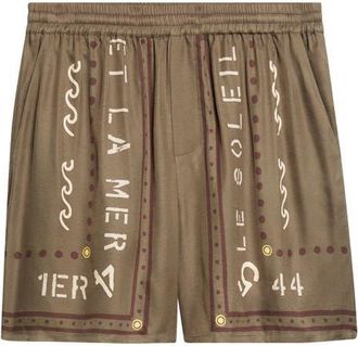 Balmain Club Printed Satin Shorts in Uix Khaki/Multi at Nordstrom, Size Xx-Large
