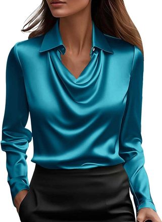 Generic V Neck Long Sleeve T Shirt Women Satin Silk Blouses for Women UK Elegant Cowl Neck Long Sleeve Shirts Trendy Solid Color Tunic Blouse Casual Ruched Fr