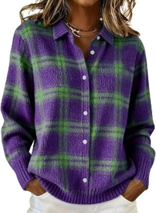 Generic Womens Plaid Print Casual Button-Down Cardigan Sweater, Long Sleeves, V-Neck, Short Casual Style. (Purple Foggy Green Check,L)