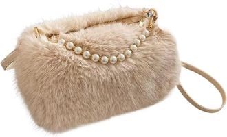 Generic Womens Plush Bags Candy Color Pearl Handle Womens Plush Crossbody Bag Portable Female Furry Handbags Winter Casual Ladies Shoulder Bags(Khaki)
