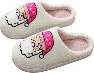 Generic Winter Christmas Slippers Women Men Super Cute Santa Claus Reindeer Prints Furry House Shoes Fall Warm Comfortable Plush Fleece Lined Ladies Slippers 
