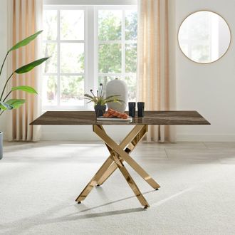 Furniturebox Leonardo 6-Seater Dining Table With Marble Effect Glass Top & Gold Metal Legs in Dark Brown