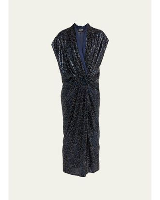 Giorgio Armani Sequined Cap-Sleeve Gathered Dress