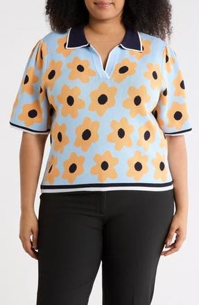 Nanette Lepore Flower Polo Sweater in Airy Blue/Orange Multi at Nordstrom Rack, Size 1X