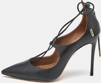 Aquazzura Black Leather Christy Pointed Toe Ankle Wrap Pumps