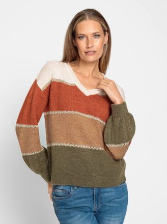Heine V-Ausschnitt-Pullover HEINE Pullover, Damen, Gr. 50, bunt (khaki, terra, meliert), 68% Polyacryl, 22% Polyester, 10% metallisierte Fasern, gemustert, 