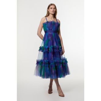 Karen Millen Dark Floral Bandeau Midi Dress in Blue at Nordstrom, Size 6