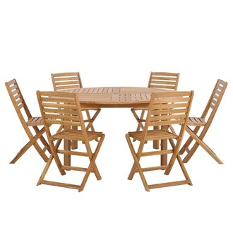 Beliani Conjunto De Muebles De Jard&iacute;n De 7 Piezas Mesa Redonda De Madera De Acacia Clara 6 Sillas Plegables Con Listones Tolve