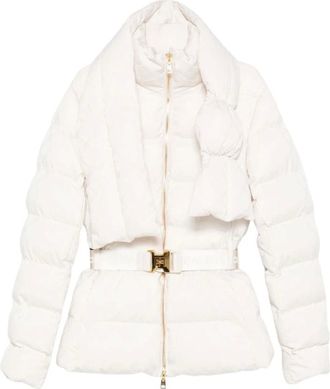 Elisabetta Franchi Winter Jackets, female, Beige, Size: L Down Jacket in Jacquard Voile Fabric with Belt