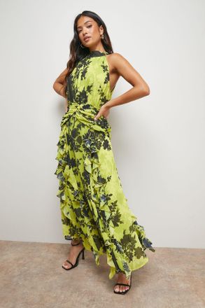 Oasis Womens Petite Printed Ruched Waist Ruffle Front Halterneck Maxi Dress - Multicolour - Size 10 UK