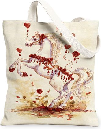 Generic Horse Canvas Tote Bags, Floral Heart Design Reusable Grocery Bags, Vintage Lightweight Washable Shoulder Strap Canvas for T, Beige, 13x15 Inch