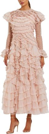 Mac Duggal Dot Net Double Ruffle Trim High Neck Maxi Dress