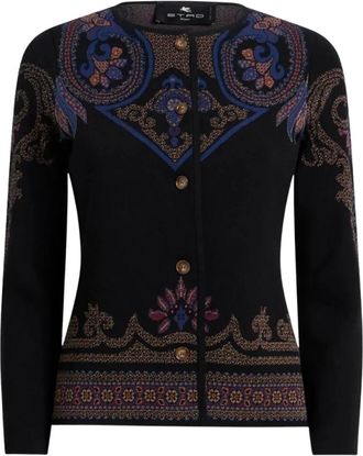 Etro Truien & Vesten, Dames, Zwart, M, Polyester, Cardigan Azul Noche Est Flores Azul Beig