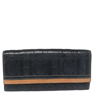 Carolina Herrera Blue/tan Embossed Leather Flap Wallet