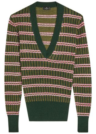 Etro Womens Brown Striped Knit Designer V-neck Jumper UK12 / M - 44 (UK12 / M)