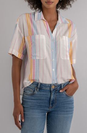 Kut from the Kloth Brianna Stripe Boxy Short Sleeve Button-Up Shirt in White/Pink at Nordstrom, Size X-Large