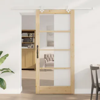 Berkfield Home Sliding Door with Hardware Set 93x202 cm Solid Wood Pine in Beige