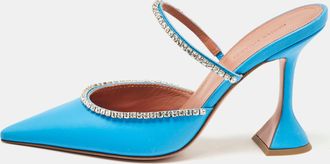 Amina Muaddi Blue Leather Gilda Pointed Toe Mules