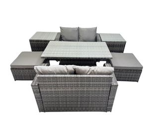 Fimous 6-seater Rattan Garden Furniture Set with 2 Big Stool 2 Side Tables in Dark Grey