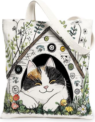 Generic Spring Exotic Shorthair Cat Canvas Tote Bag for Shopping 13x15, Fun Flower Kitten House Reusable Grocery Print Pattern Bag for Women, Cute Pet Beach A