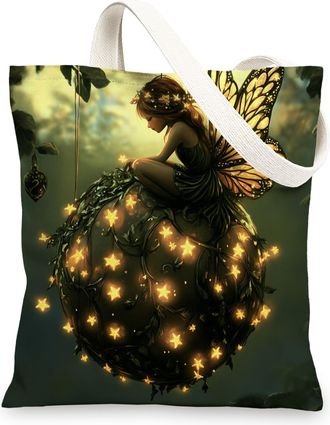 Generic Whimsical Christmas Fairy Canvas Tote Bag for Shopping 13x15, Fun Aesthetic Xmas Reusable Grocery Print Pattern Bag for Women Men, Holiday New Year Ae