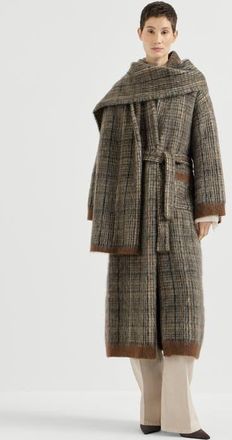Brunello Cucinelli Mohair and wool Prince of Wales double knit coat with scarf in Brown at Nordstrom, Size Xx-Small