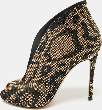 Gianvito Rossi Black/gold Crystal Embellished And Suede Vamp Peep Toe Booties