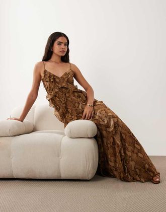 Ralph Lauren Vestito lungo con volant e stampa pitonata-Marrone