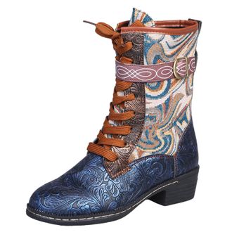 Generic Winter Embroidery Ankle Boots for Women Lace Up Retro Square Toe Block Heel Printed Bohemian Casual Footwear (Blue, 4. 5)