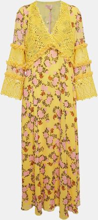 Giambattista Valli Yellow Floral Print Chiffon And Lace Cut-Out Maxi Dress