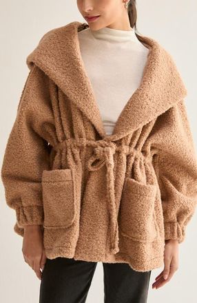 Crescent Cinched Waist Hooded Boucle Jacket in Mocha at Nordstrom, Size Medium