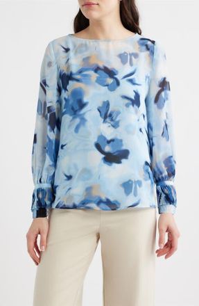 Anne Klein Pleated Tiered Cuff Top in Lake Shore at Nordstrom, Size Xx-Small