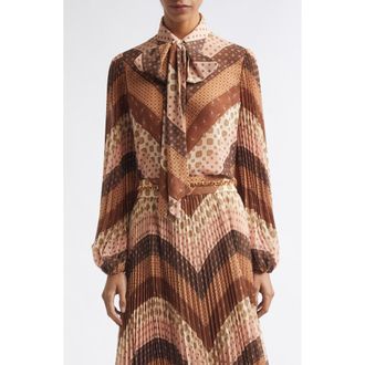 Zimmermann Sunray Chevron Foulard Tie Neck Shirt in Chevron Chocolate at Nordstrom, Size 0
