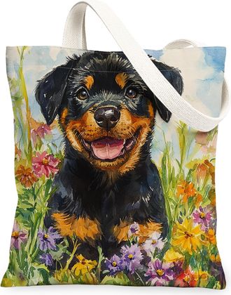 Generic Spring Rottweilers Dog Canvas Tote Bag for Shopping 13x15, Oil Painting Wildflower Puppy Reusable Grocery Print Pattern Bag for Women, Fun Pet Beach A