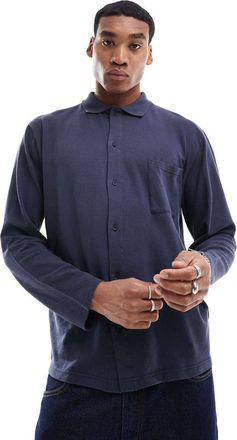 Scalpers Pique Cardigan Long Sleeve Polo In Dark Blue