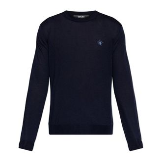 Versace Round-neck Knitwear, male, Blue, Size: 2XL Wool-Blend Knit Sweater