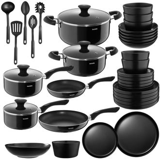 TecTake 6 piezas, set de cocina, gres esmaltado, resistente, vajilla, negro