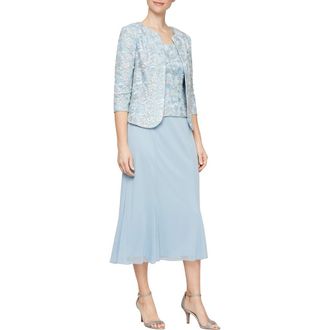 Alex Evenings Lace Bodice Godet Midi Dress with Jacket in Light Blue at Nordstrom, Size 18