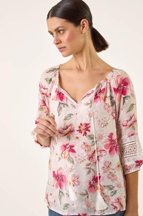 Roman Floral Tie Front Top