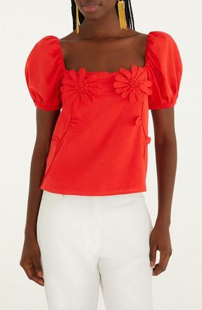 Farm Rio Floral Appliqu&eacute; Linen Blend Short Sleeve Top in Red at Nordstrom, Size Xx-Small