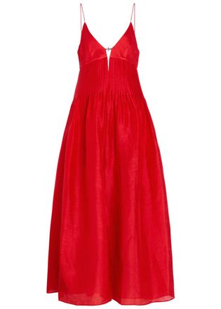 Tory Burch Pleated Linen and Silk-blend Maxi Dress - Bright Red - S (UK8-10 / S)