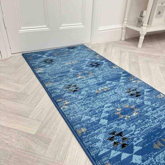 Runrug Hallway Carpet Runner Rug - Soft & Comfy, 9mm -Andes in Blue | Size: 60 cm x 420 cm