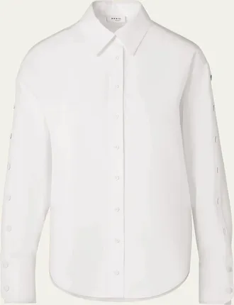 Akris Snap-Sleeve Cotton Poplin Button-Down Blouse