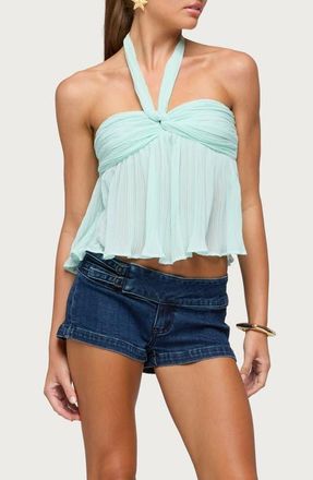 Edikted Pleated Chiffon Babydoll Halter Tank in Aqua at Nordstrom, Size X-Large